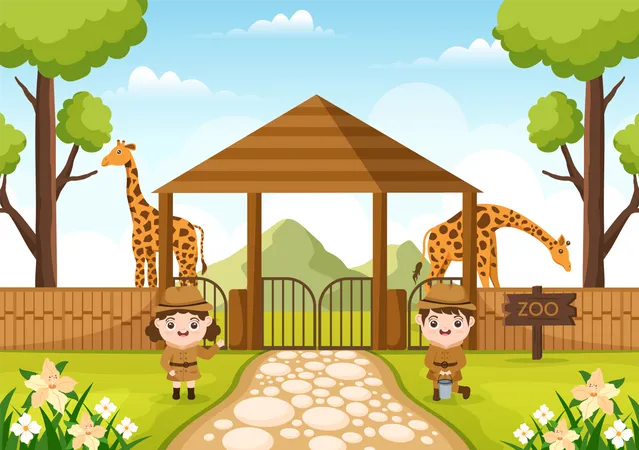 Girafa e crianças  Ilustração