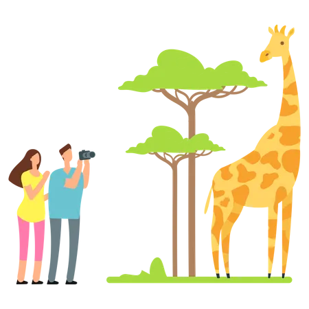 Happy Families Kids With Parents And Wild Zoo Animals In Wildlife Park Vector Cartoon Set Isolated On White Background Illustration Of Giraffe And Bird Bear And Panther Illustration