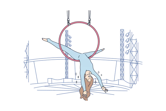 Perfomance Sport Art Acrobatics Air Concept Young Professional Woman Girl Acrobat Athlete Gymnast Character Perfoming Aerial Tricks On Flying Circle In Circus Active Entertainment For People イラスト