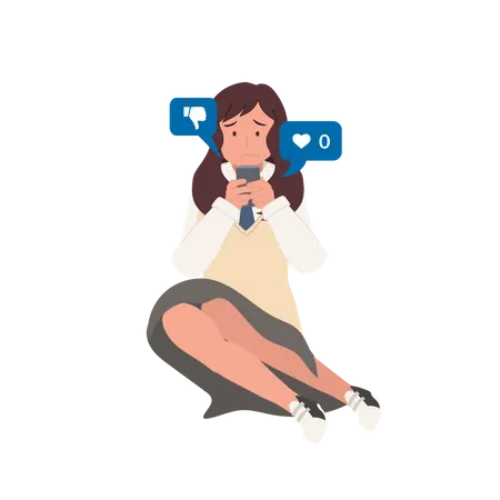 Online Social Addict Concept Asian High School Woman Holding Smartphone And Getting Sad Due To No One Give Like To Her Picture Illustration