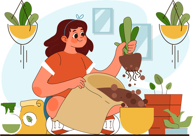 Girl adding fertilizer in plant pot at home  Illustration