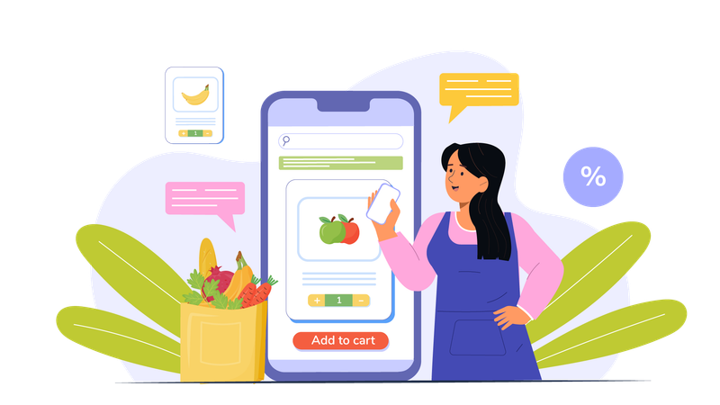 Girl adding fruit in cart while doing groceries shopping using mobile  Illustration