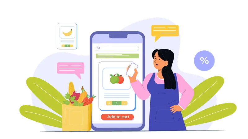 Girl adding fruit in cart while doing groceries shopping using mobile  Illustration