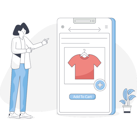 Girl  adding product to cart on e-commerce application  Illustration