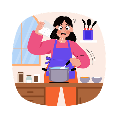 Girl adding salt in soup  Illustration