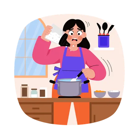 Girl adding salt in soup  Illustration