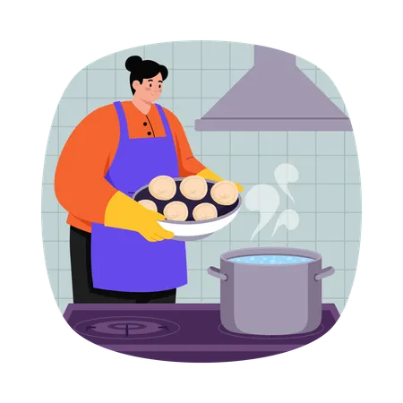 Girl adding Vegetables in water  Illustration