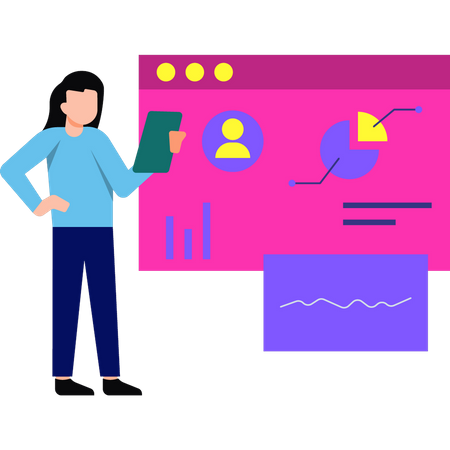 Girl analyst is looking at the users chart graph  Illustration