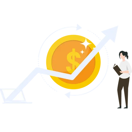 Girl analyze growth of dollar rate  Illustration