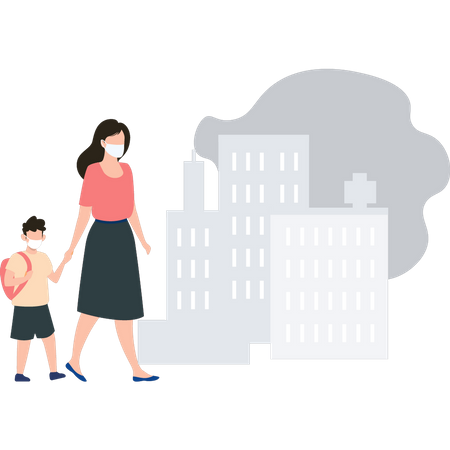 Girl and a child wearing a mask are walking  Illustration