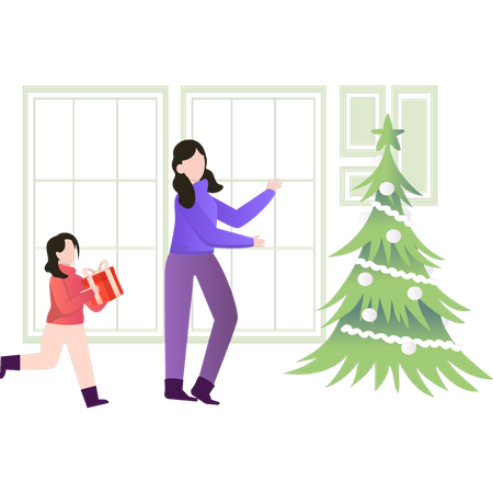 Girl and baby going to put presents near Christmas tree  Illustration
