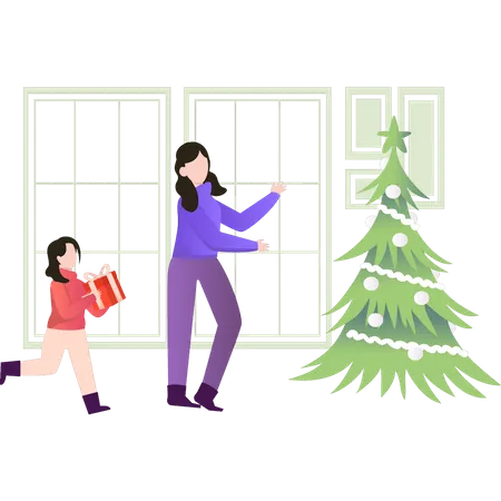 Girl And Baby Are Going To Put Presents Near Christmas Tree Illustration