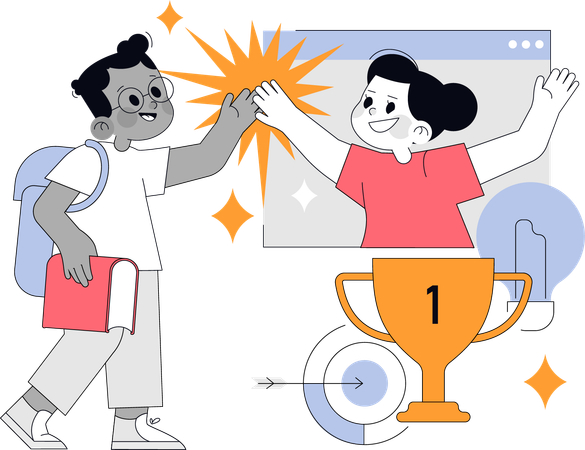 Girl and boy achieving eduction trophy  Illustration