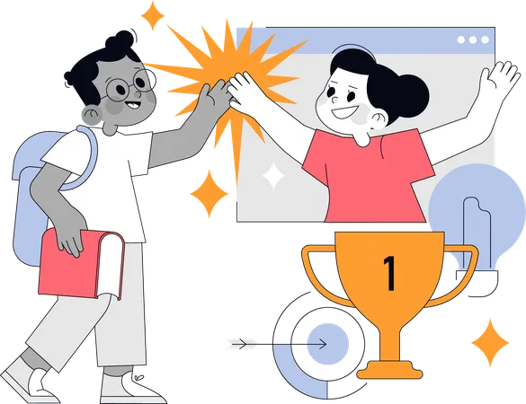 Girl and boy achieving eduction trophy  Illustration