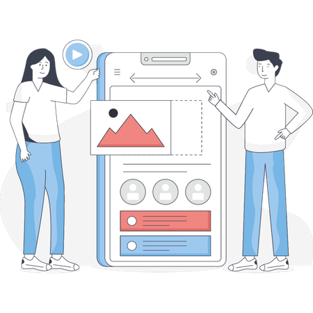 Girl and boy are discussion about mobile UI desgin  Illustration