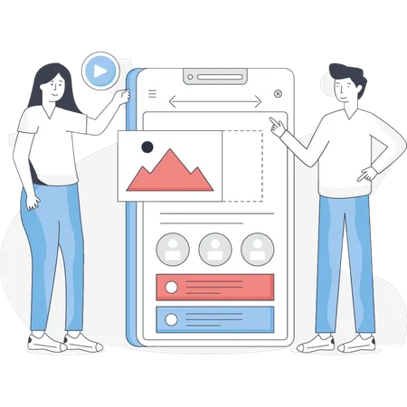 Girl and boy are discussion about mobile UI desgin  Illustration