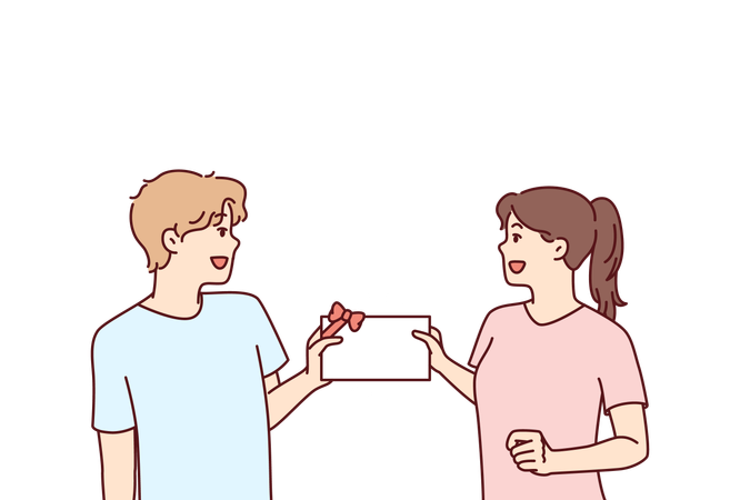 Girl and boy are giving invitation card to each other  イラスト