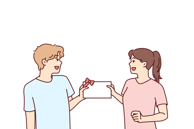 Girl and boy are giving invitation card to each other  Illustration