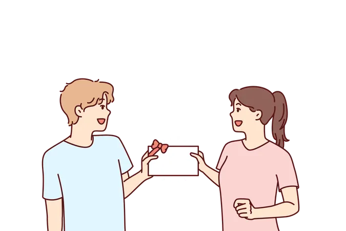 Girl and boy are giving invitation card to each other  Illustration