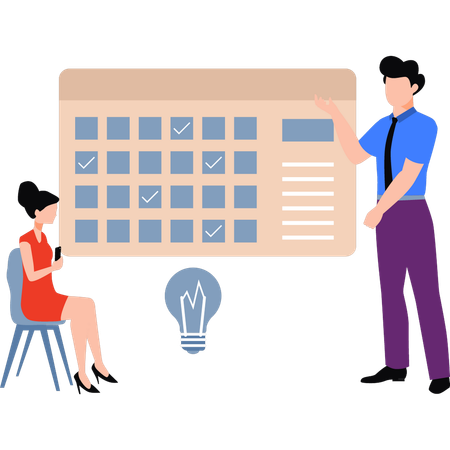 Girl and boy are marking reminders on calendar  Illustration