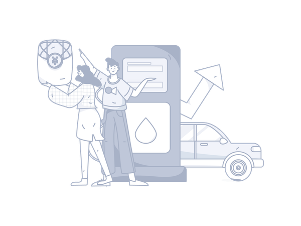 Girl and boy at fuel station  Illustration