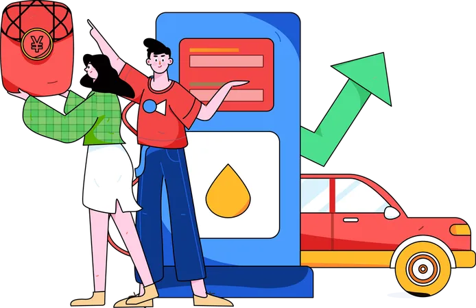 Girl and boy at fuel station  Illustration