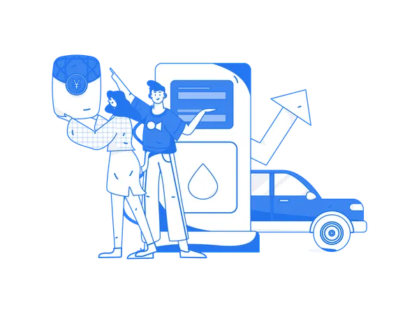 Girl and boy at fuel station  Illustration