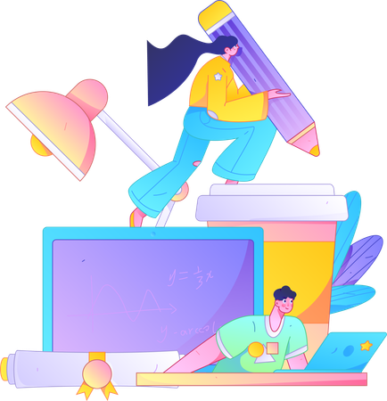 Girl and boy attending online class  Illustration