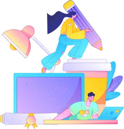 Girl and boy attending online class  Illustration