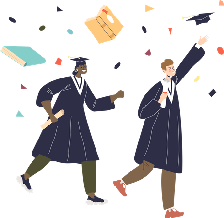Girl and boy celebrating graduation by throwing caps up  Illustration