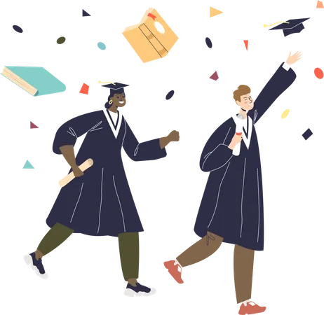 Girl and boy celebrating graduation by throwing caps up  Illustration