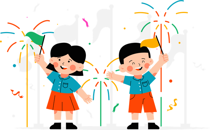 Girl and boy celebrating with fireworks  Illustration