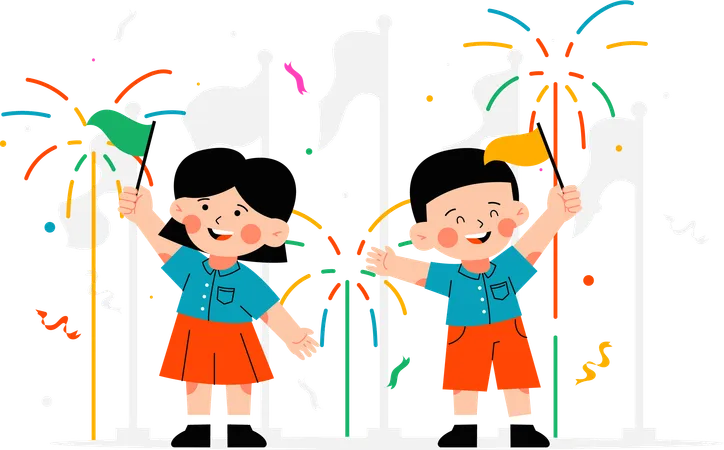 Girl and boy celebrating with fireworks  Illustration