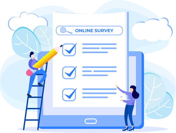 Girl and boy checkmark on online survey list  Illustration