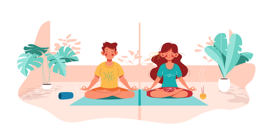 Girl and boy do yoga in lotus pose  Illustration