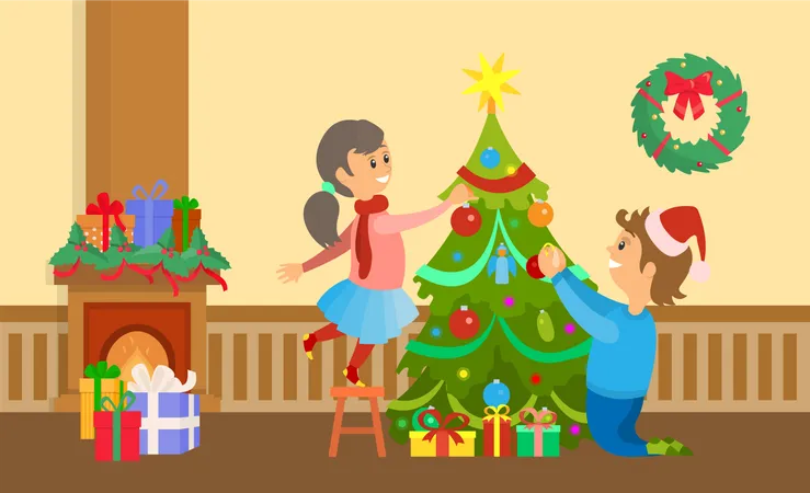 Christmas Holiday Preparation Decorated Tree At Home Vector Father And Daughter Family People With Baubles And Garlands Fireplace With Gifts Presents イラスト