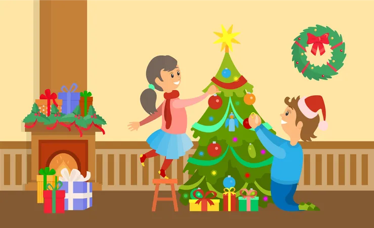 Girl and boy doing christmas Preparation and Decorated Tree at Home  Illustration