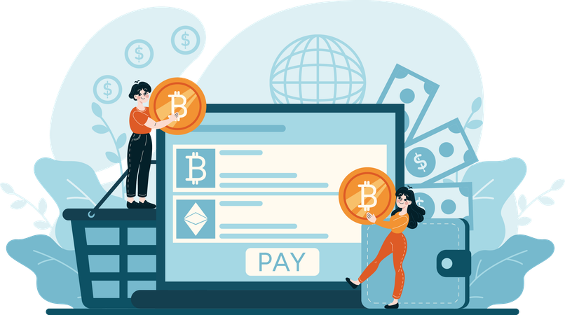 Girl and boy doing crypto payment  Illustration