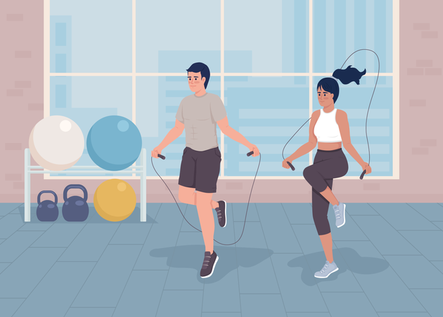 Girl and boy Doing jumping rope workout  Illustration