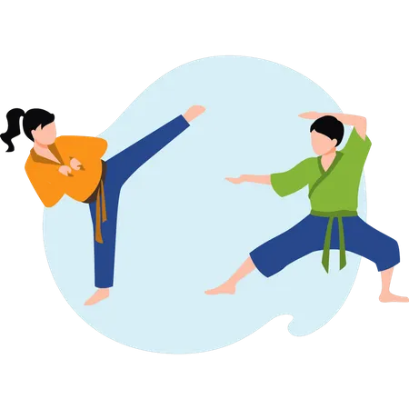 Girl and boy doing karate practicing  Illustration