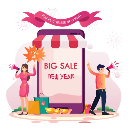 Chinese New Year Shopping Concept Sales And Discounts With Girl And Boy Holding Megaphone Near Big Smartphone Flat Vector Illustration