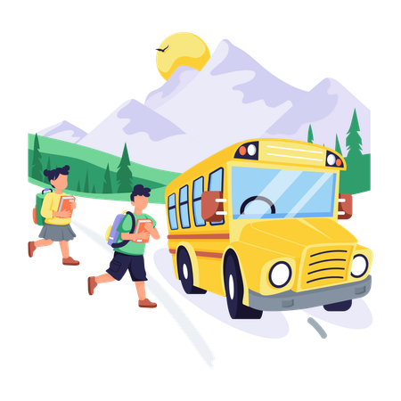 Girl and boy doing to school by School Bus  Illustration