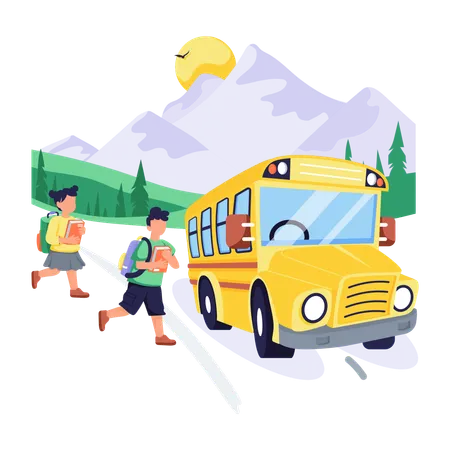 Girl and boy doing to school by School Bus  Illustration