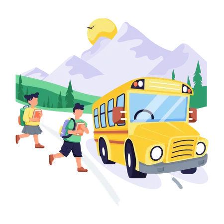 スクールバスで学校へ向かう女の子と男の子  イラスト