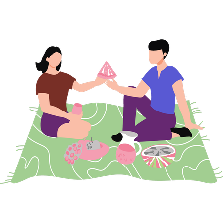 Girl and boy eating fruit on picnic  Illustration