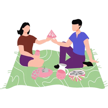 Girl and boy eating fruit on picnic  Illustration