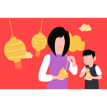 Girl and boy eating snacks  Illustration