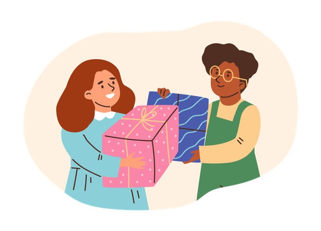 Girl and boy exchanging gift box  Illustration
