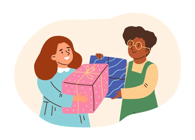 Girl and boy exchanging gift box  Illustration