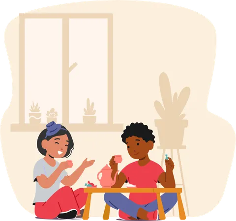 Little Girl And Boy Gather For A Charming Tea Party Sipping Tea Sharing Giggles And Making Cherished Childhood Memories Amidst A World Of Imagination And Friendship Cartoon Vector Illustration Illustration